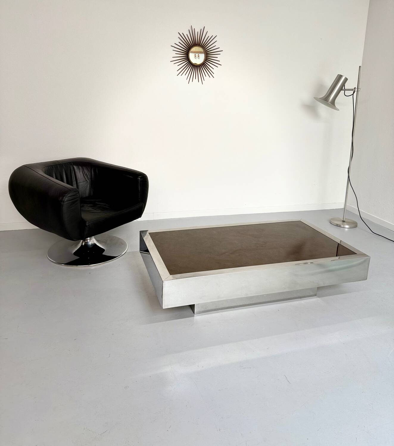Italian coffee table in chromed metal and vintage brown glass top 70s