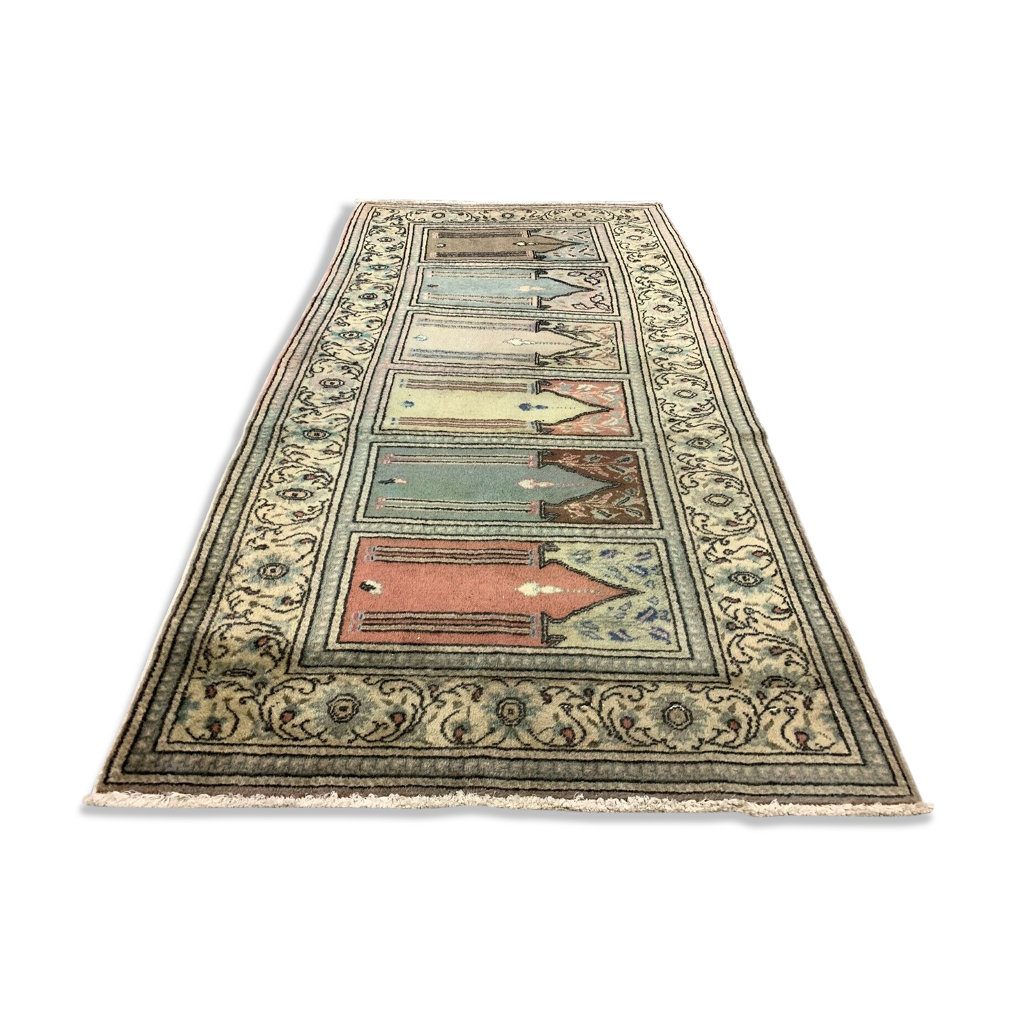 Distressed Turkish Rug 188x101 cm wool Vintage shabby Chic Runner Blue, Beige