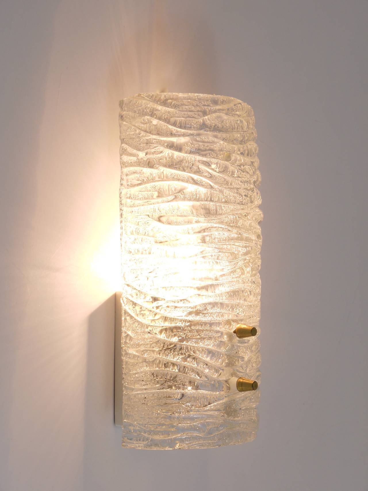 Pair of wall sconces by J.T. Kalmar, brass and textured glass, Austria, 1950s.