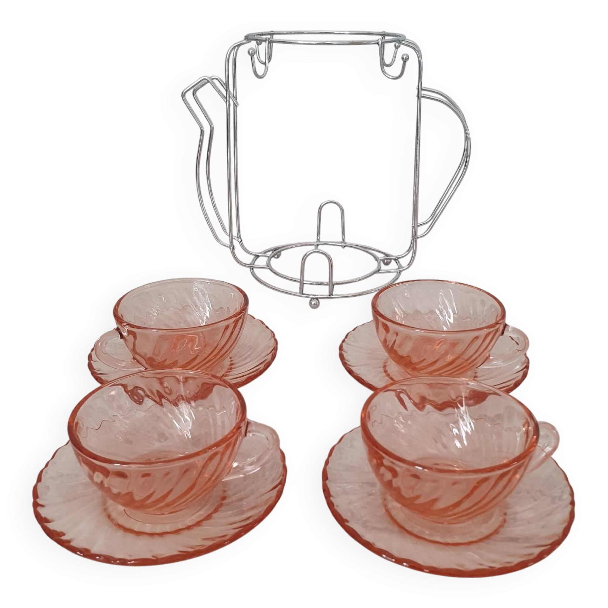 Rosaline cups and saucers by Arcoroc with metal stand