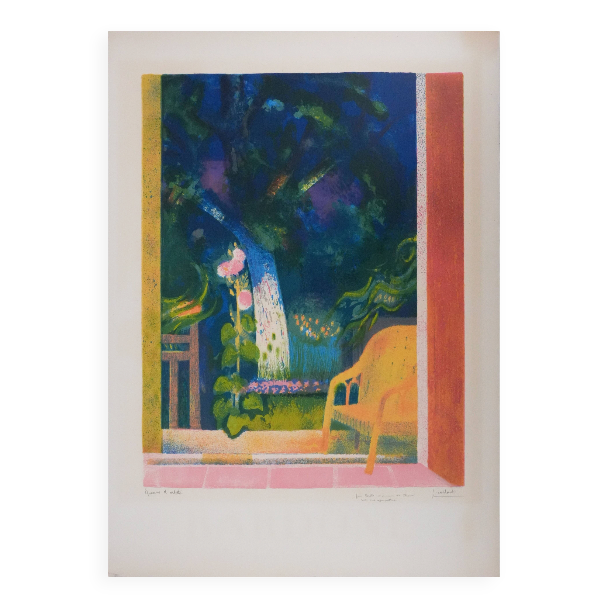 Paul COLLOMB: The garden at night, original signed lithograph.