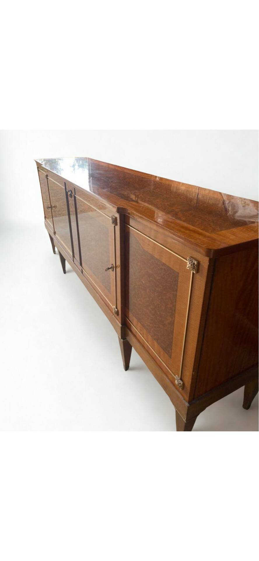 Satin wood sideboard, brass fittings — Mid-Century