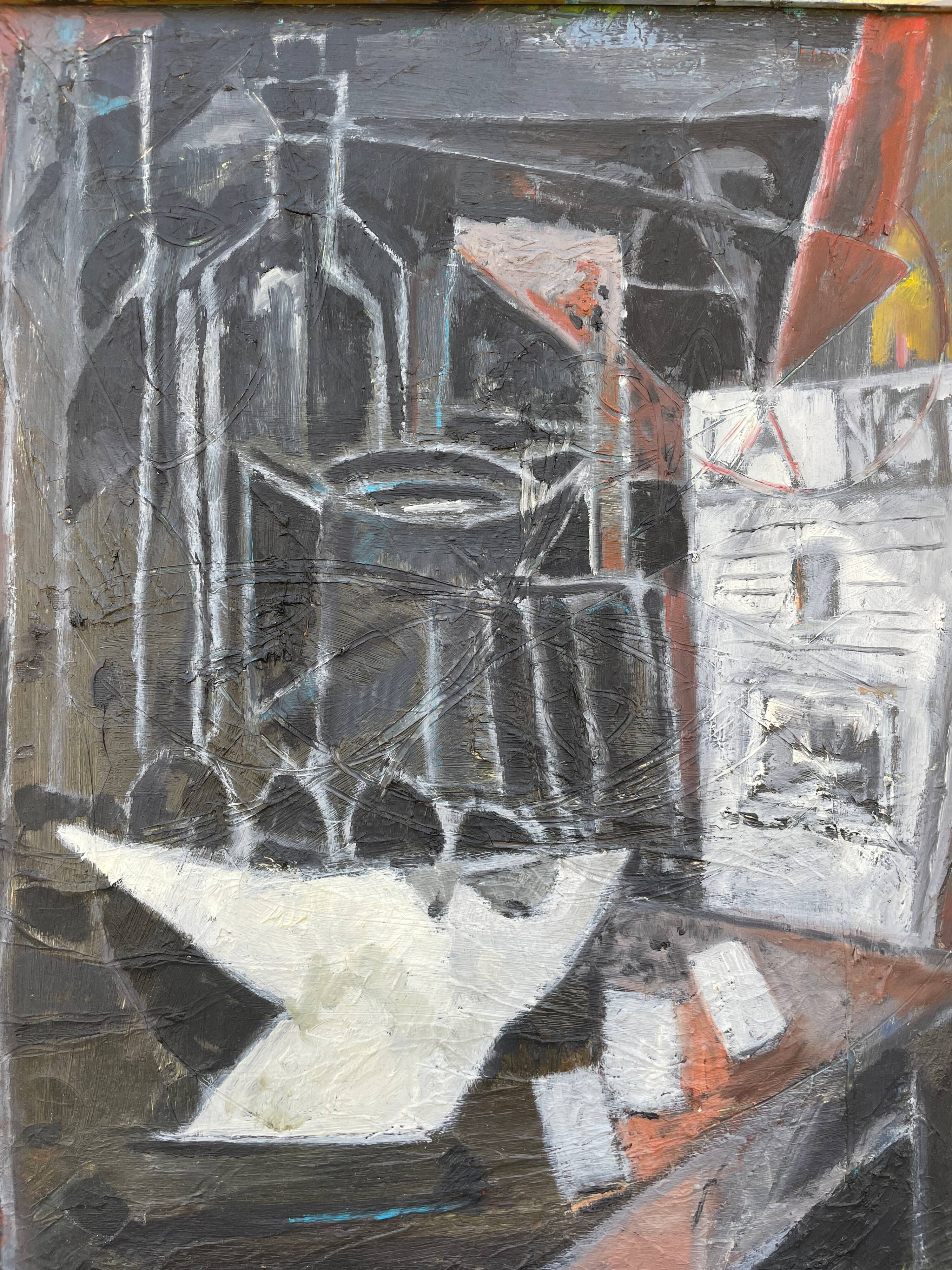 Painting modern still life painting with cubist bottle XXth