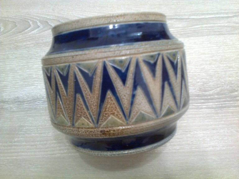 real Betschdorf Alsace vase pot, salt sandstone, blue gray, incised patterns