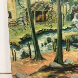 Oil on canvas waterfall in forest