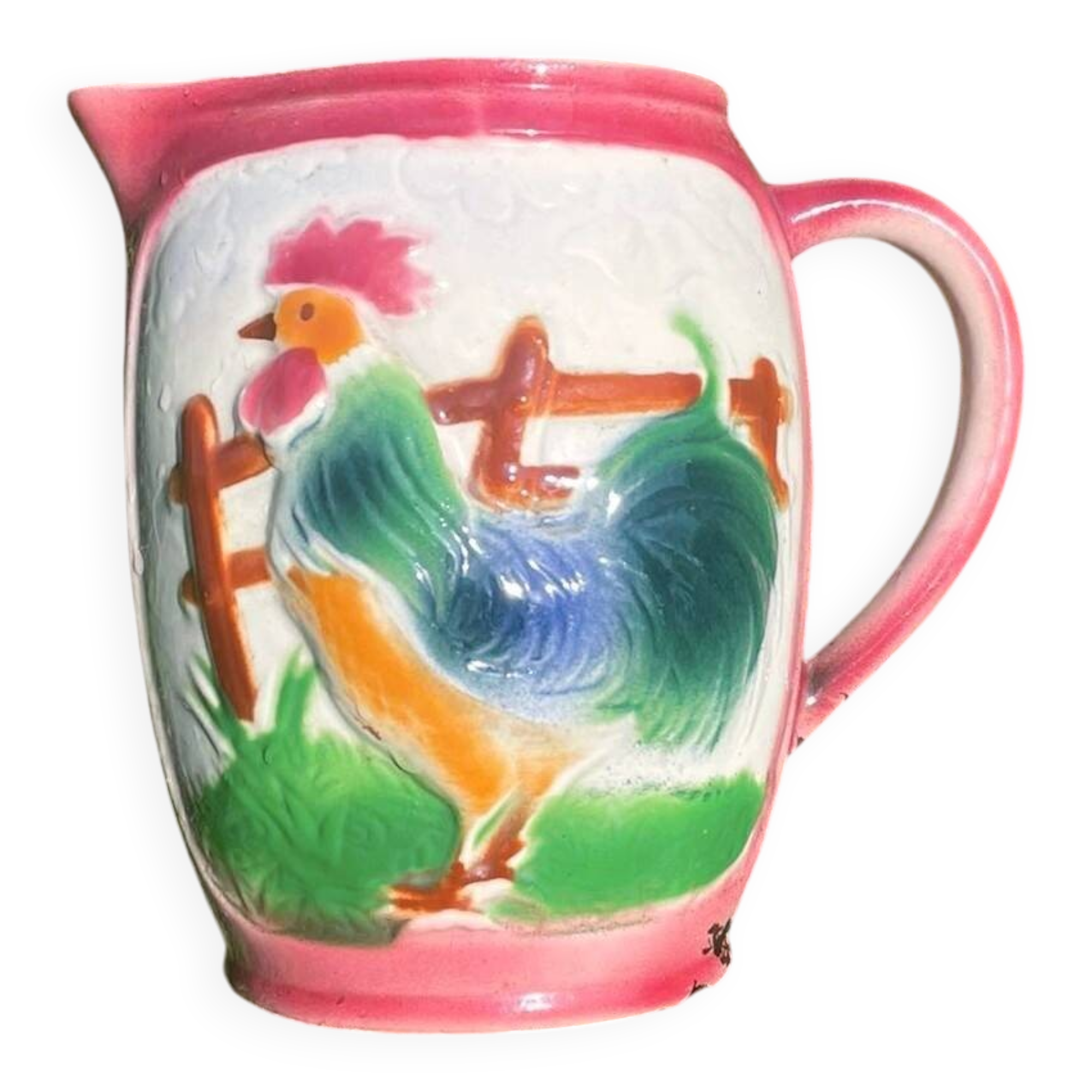 French earthenware rooster slip carafe / pitcher
