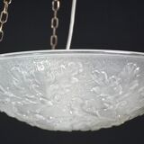 French Art Deco glass bowl pendant chandelier with floral pattern, 1950