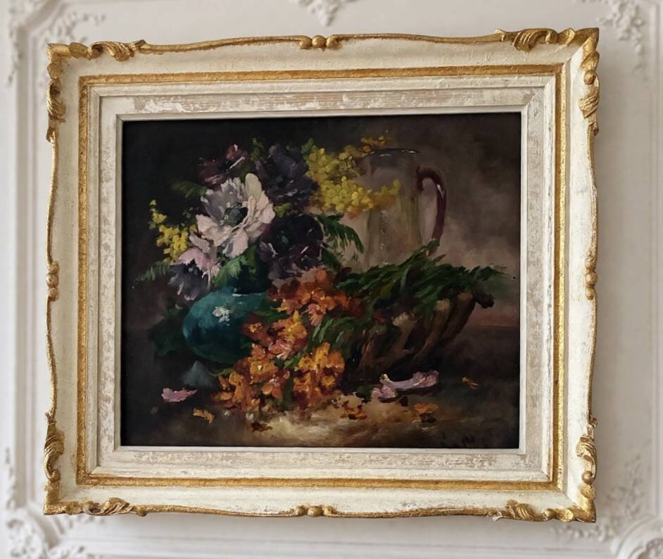 Still life oil on canvas, old French School, late 19th to early 20th century.
