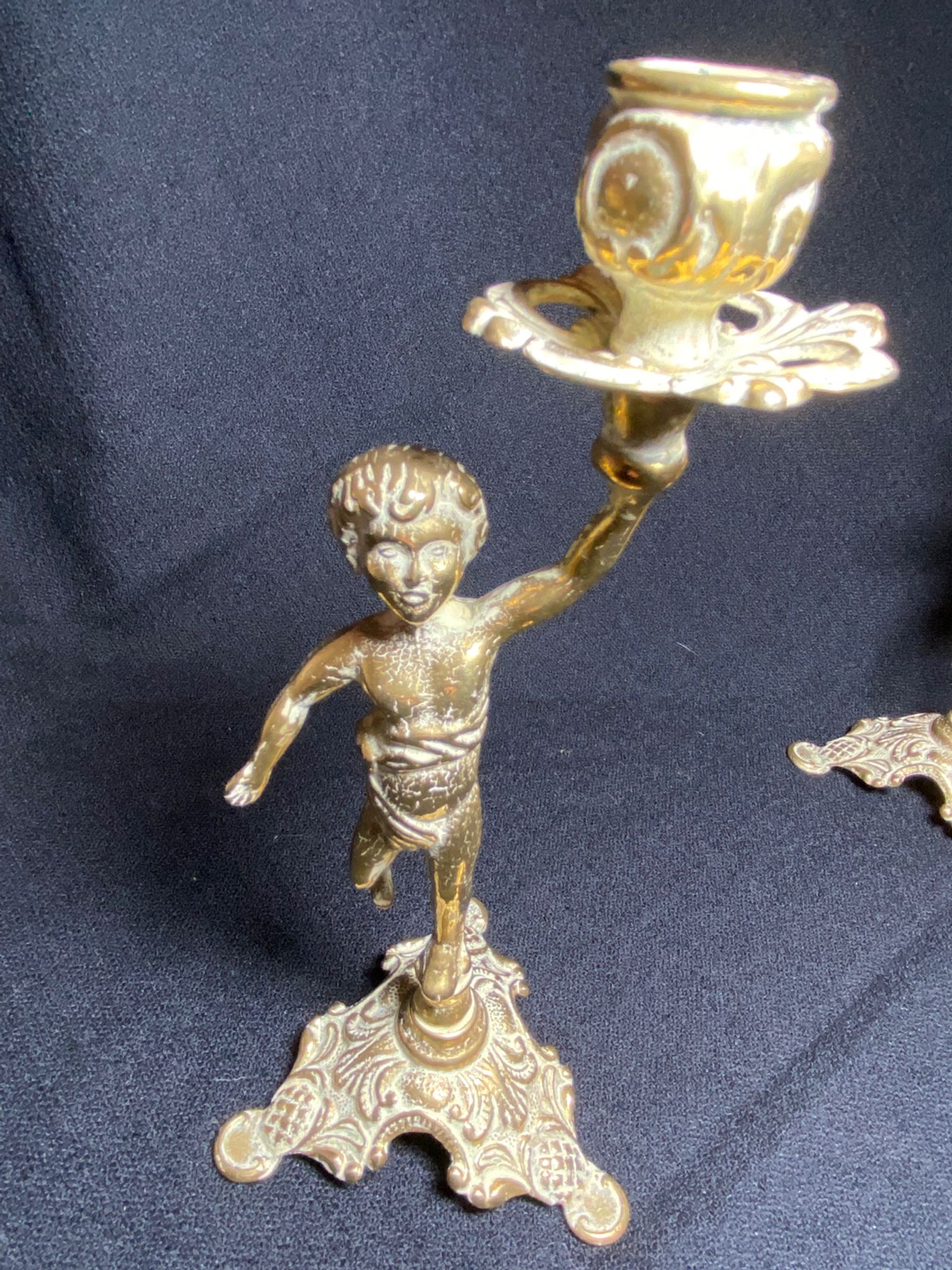 Pair of candlestick buds cherub angel brass