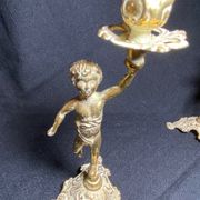 Pair of candlestick buds cherub angel brass