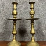 ORIENT XIX: Pair of large cup candlesticks in chiseled and gilded brass