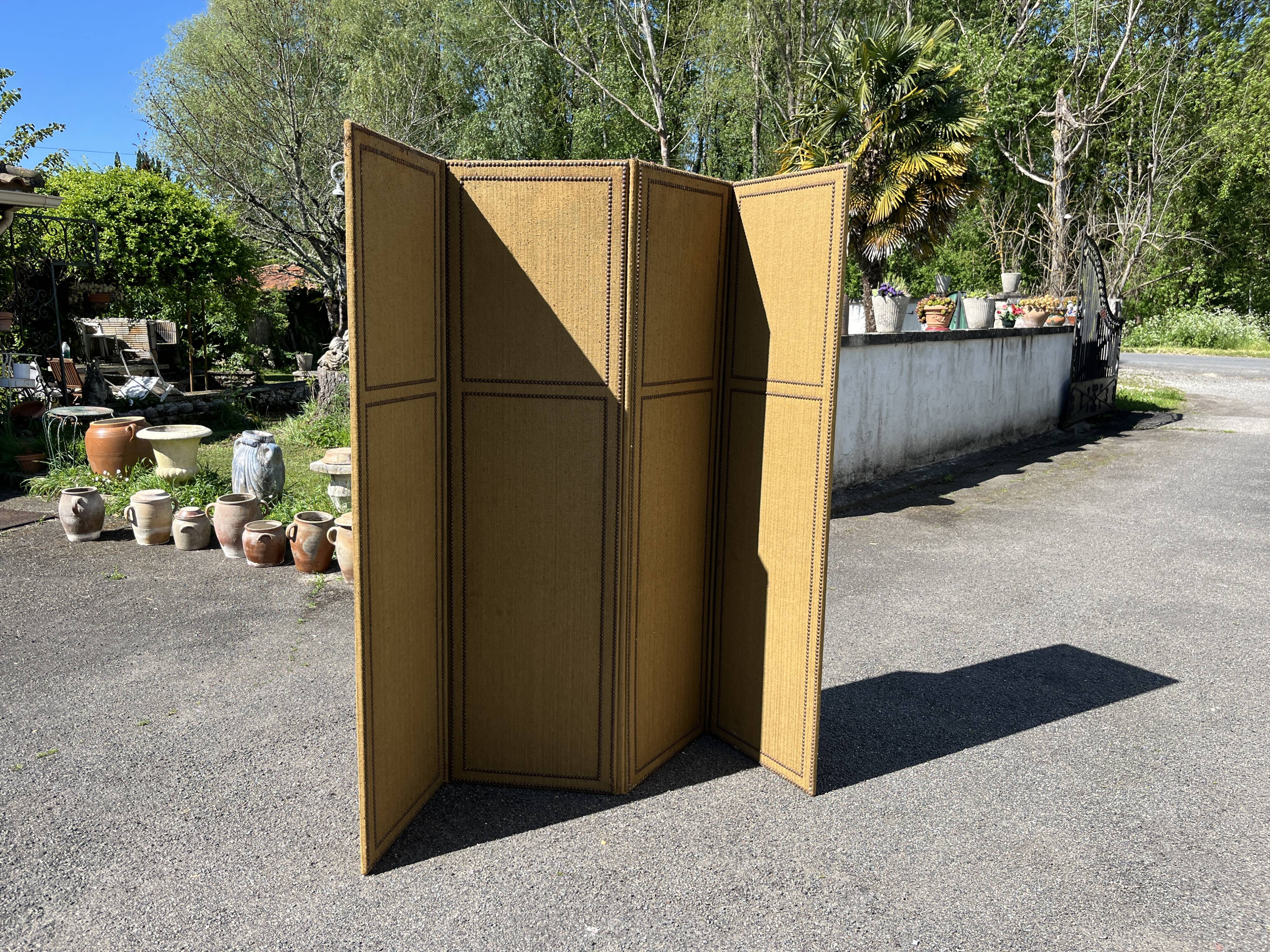 Antique 4-panel screen – burlap and upholstery nails