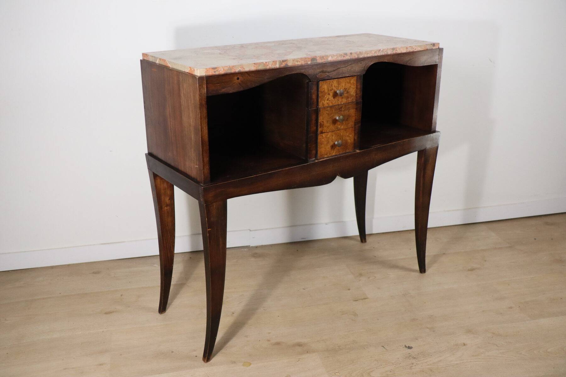 Vintage wooden and marble console table – classic style curved legs, 1950s