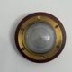Pair of round glass wall lights, brass base and Wood Wood, 1960s, Italy.