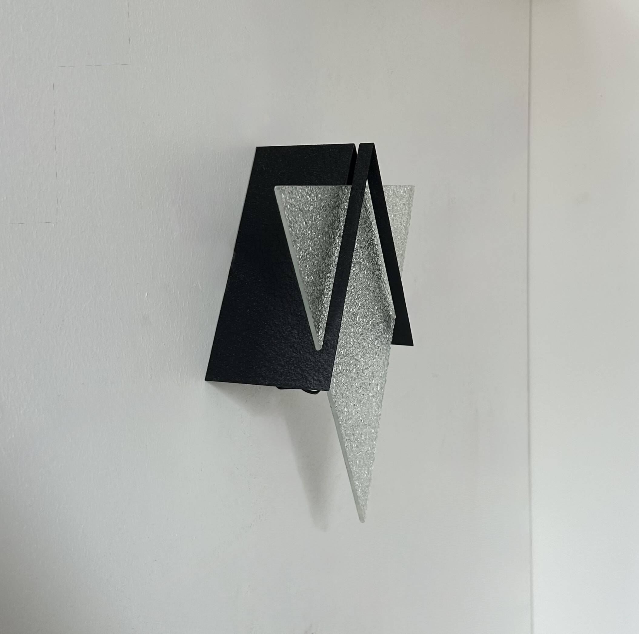 Vintage geometric wall lamp, black metal and glass, France 1950