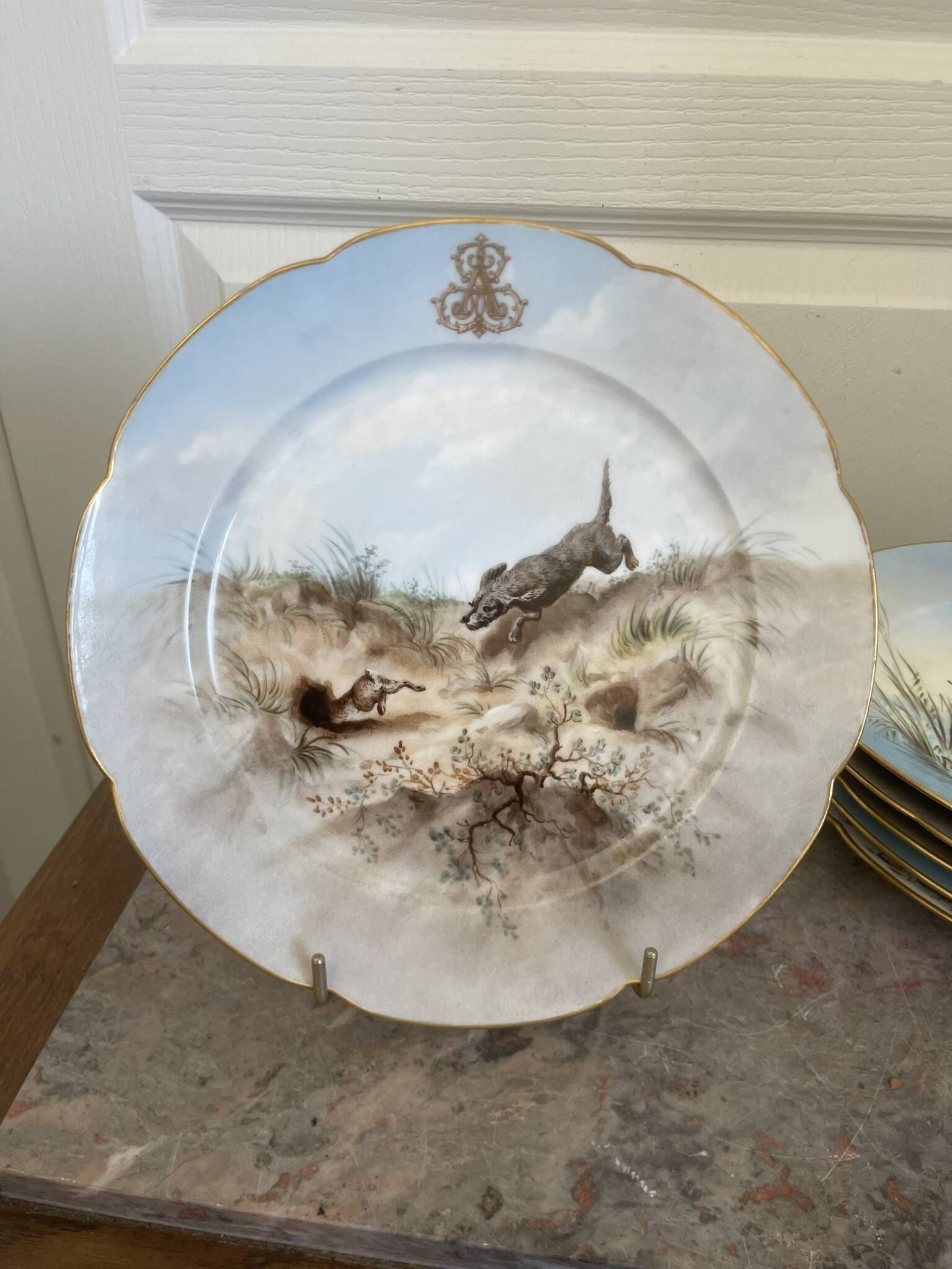 Antique 6x Sèvres Porcelain Plates Lahore & Basket 19th Century Hunting