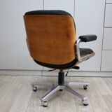 Vintage swivel office armchair in black leather and wood by Giroflex 60s