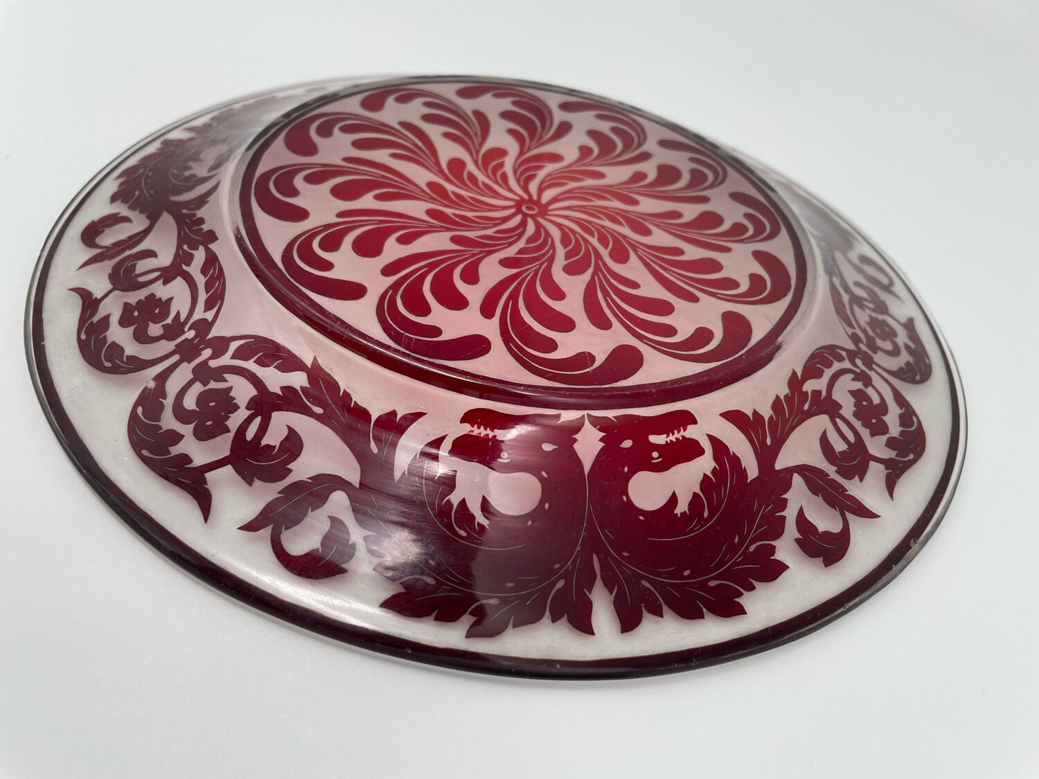 Red cut crystal plate dragon floral pattern