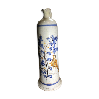 Painted terracotta bottle in black style signed CS bird painting floral decoration