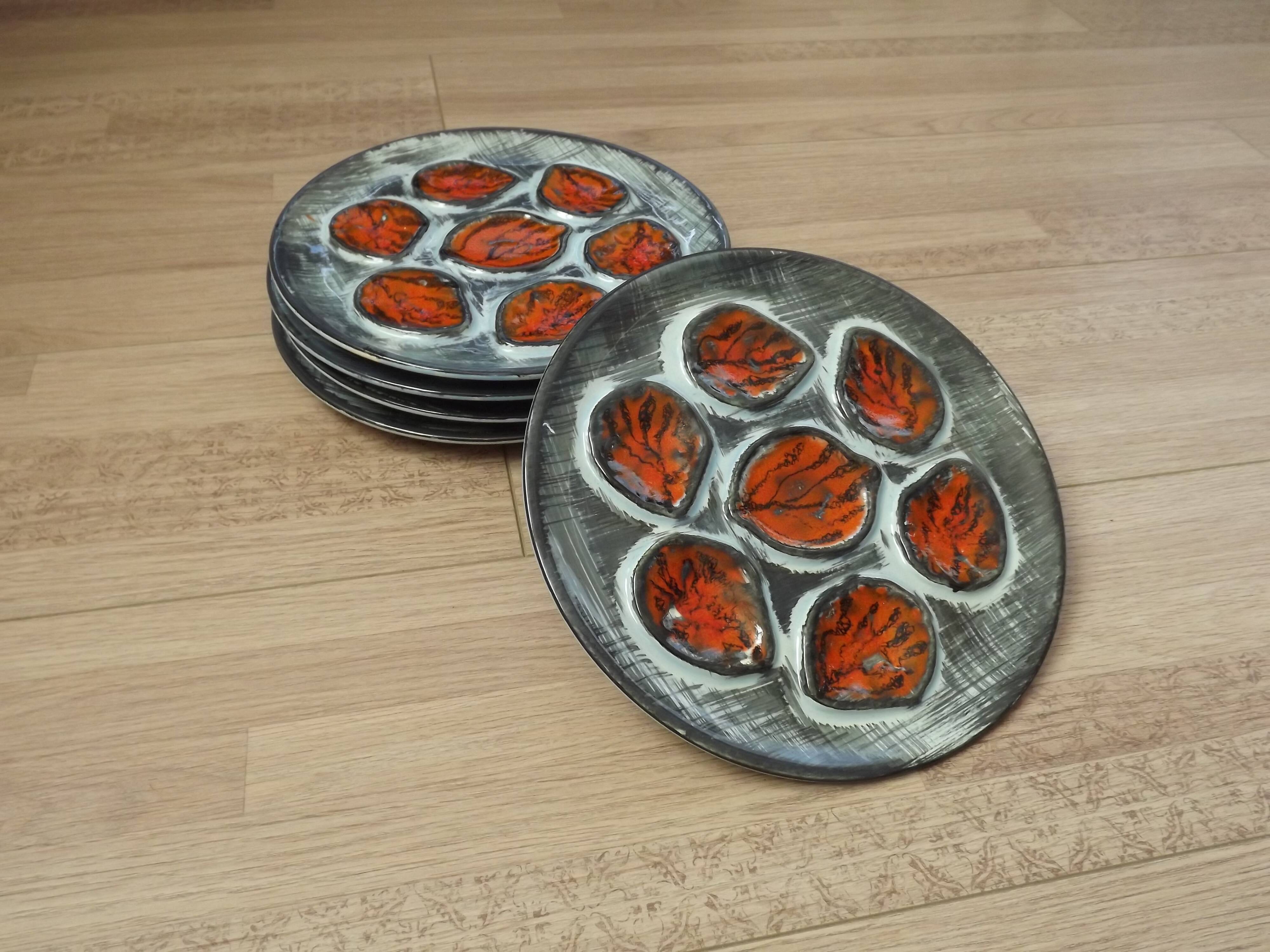 Set of 5 French Pordic Blue Grey & Orange Hand Painted 6 Well Oyster Plates 4974