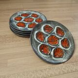 Set of 5 French Pordic Blue Grey & Orange Hand Painted 6 Well Oyster Plates 4974