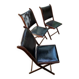 Lot de 3 chaises anciennes type théâtre en cuir