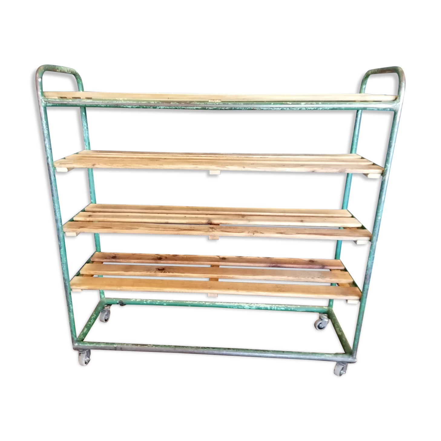 Steel and wooden shelf on wheels