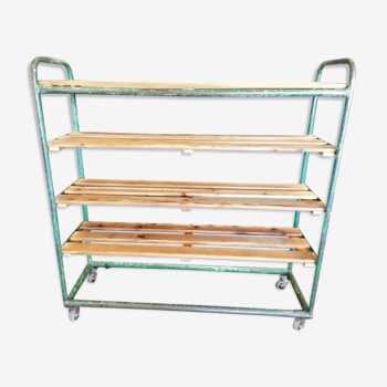 Steel and wooden shelf on wheels