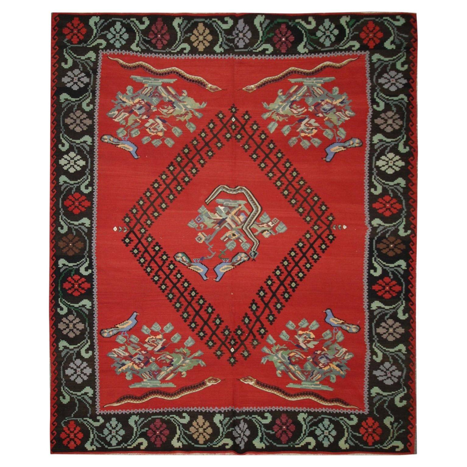 Vintage Red Caucasian Kilim Rug Handwoven Tribal Wool Flatweave Carpet