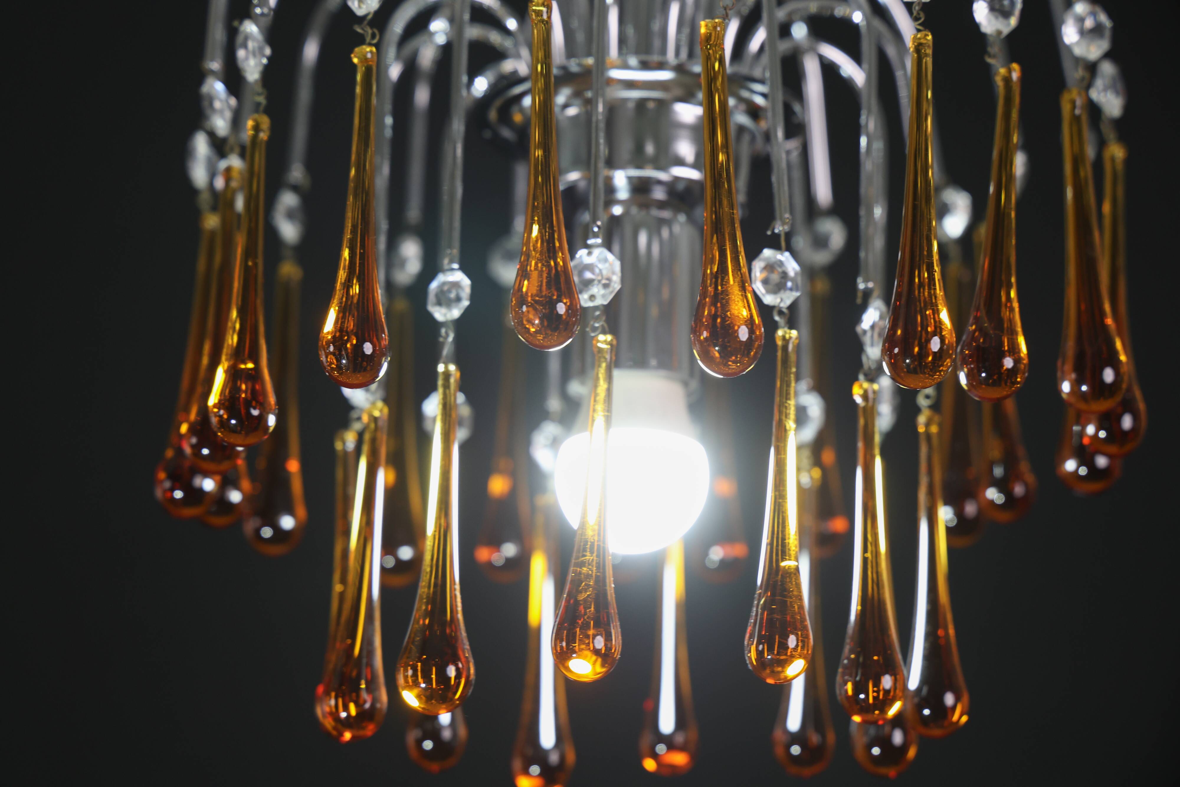 The Amber Crown, Murano Chandelier Amber and Crystal Drops, 1970s