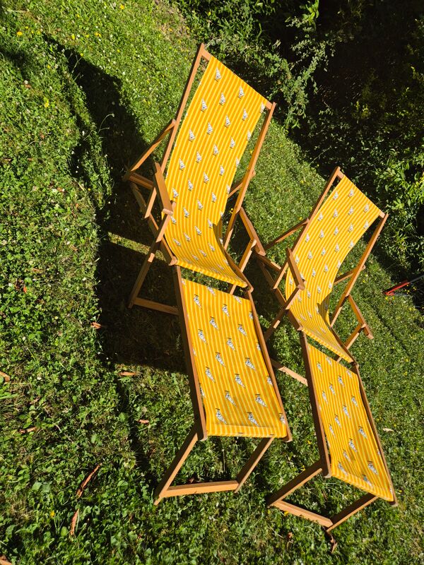 2 tansats chilienne vintage bois et toile jaune imprimé voilier avec repose