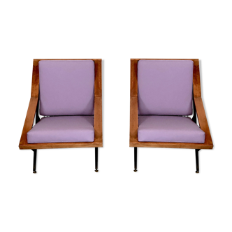 Mid-century, pair of Italian wood and metal armchairs