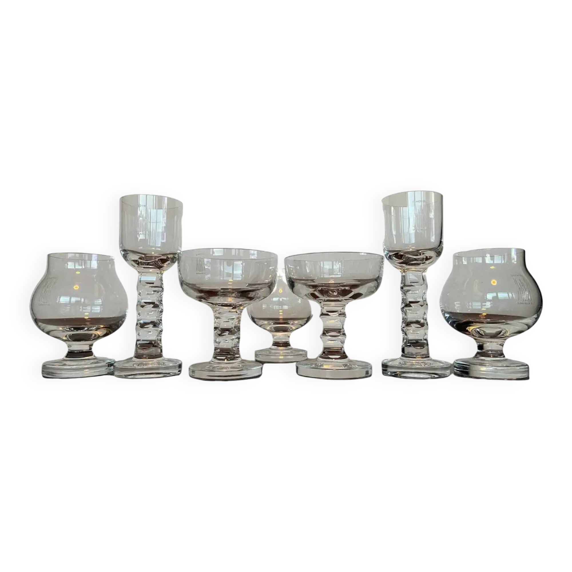 Unique luxurious set of 7 design glasses by Moser for Hotel Prag, 1970s