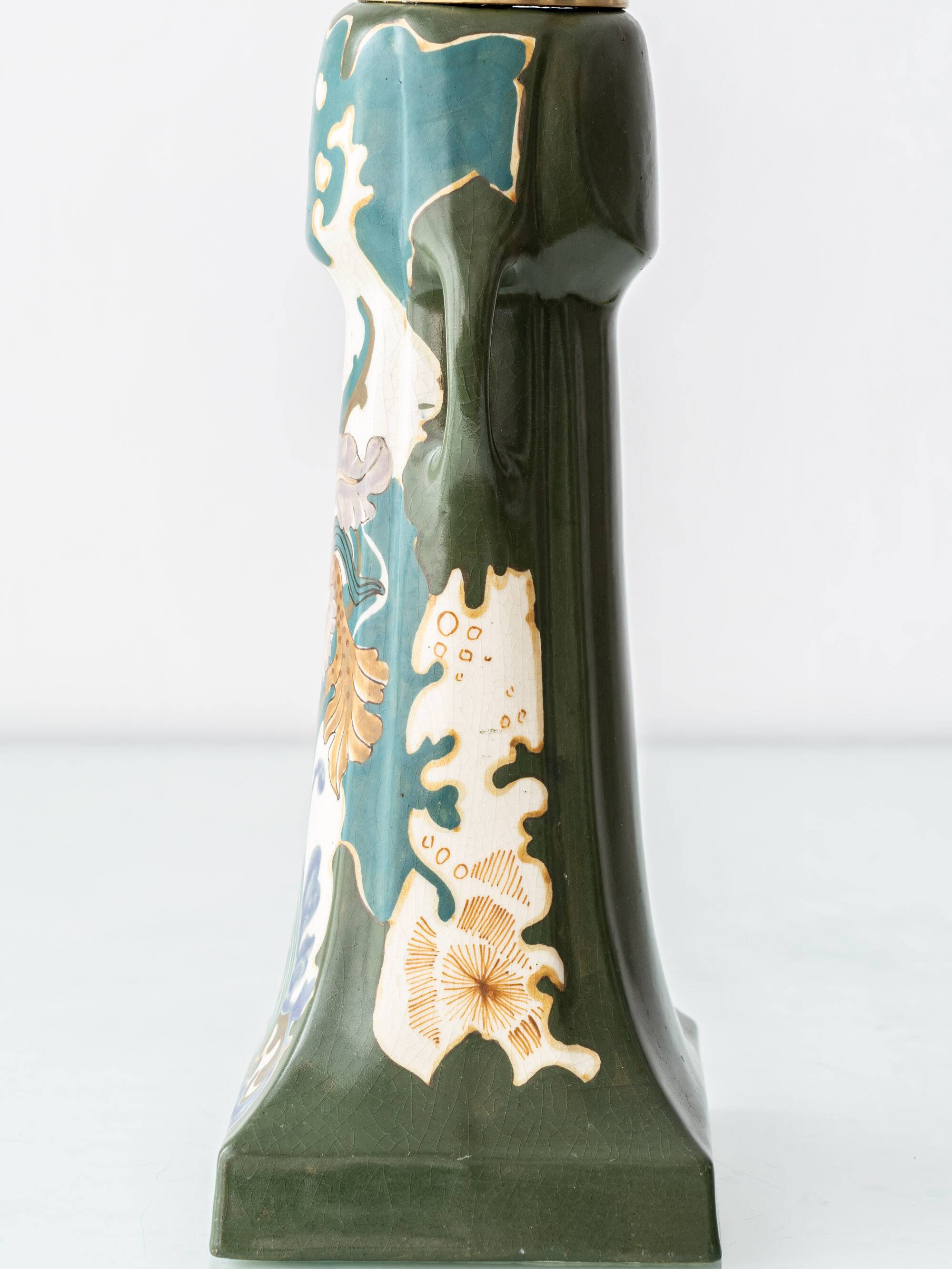 Pair of Dutch Art Nouveau Ceramic Table Lamps, circa 1915, with New Ochre Linen Shades