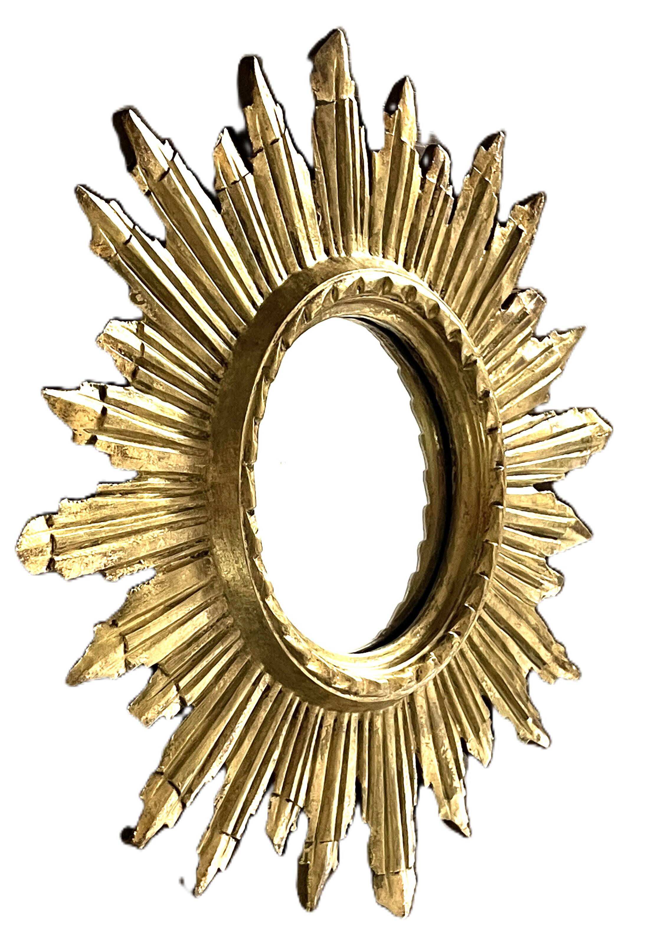 Golden Wooden Sun Mirror | Mid-20th Century - 48 cm