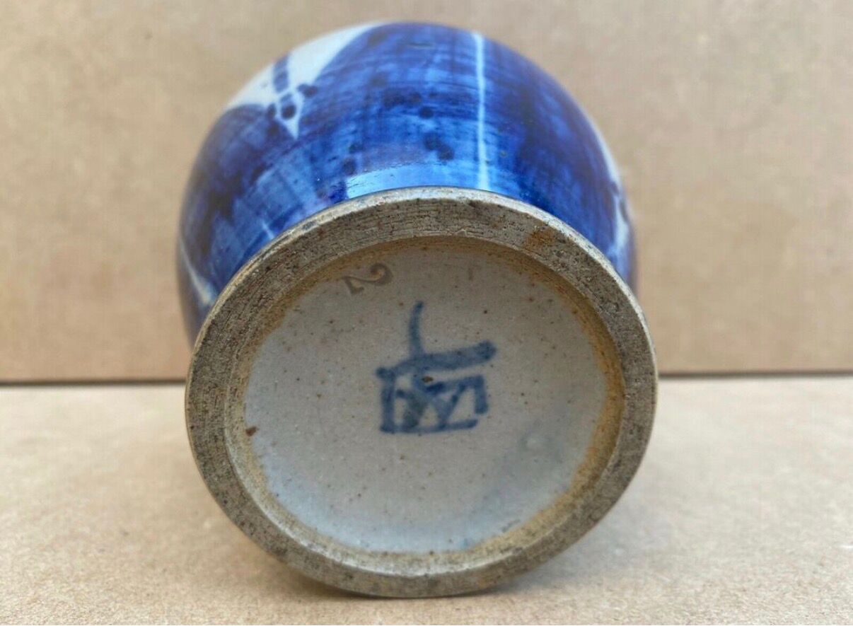 Glazed ceramic vase by Marcel Noverraz, signed, with vintage blue decoration.