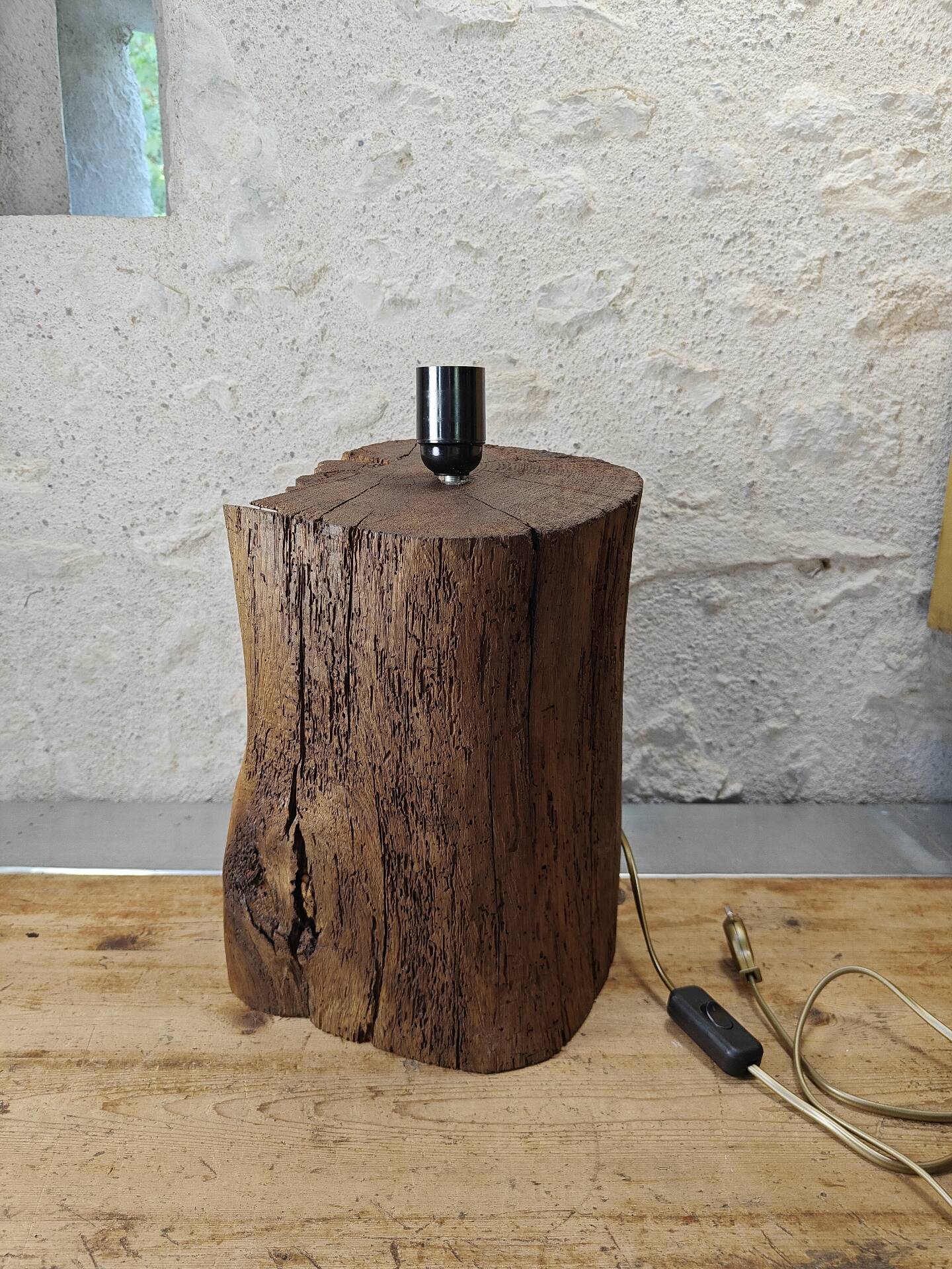 Brutalist table lamp in solid oak