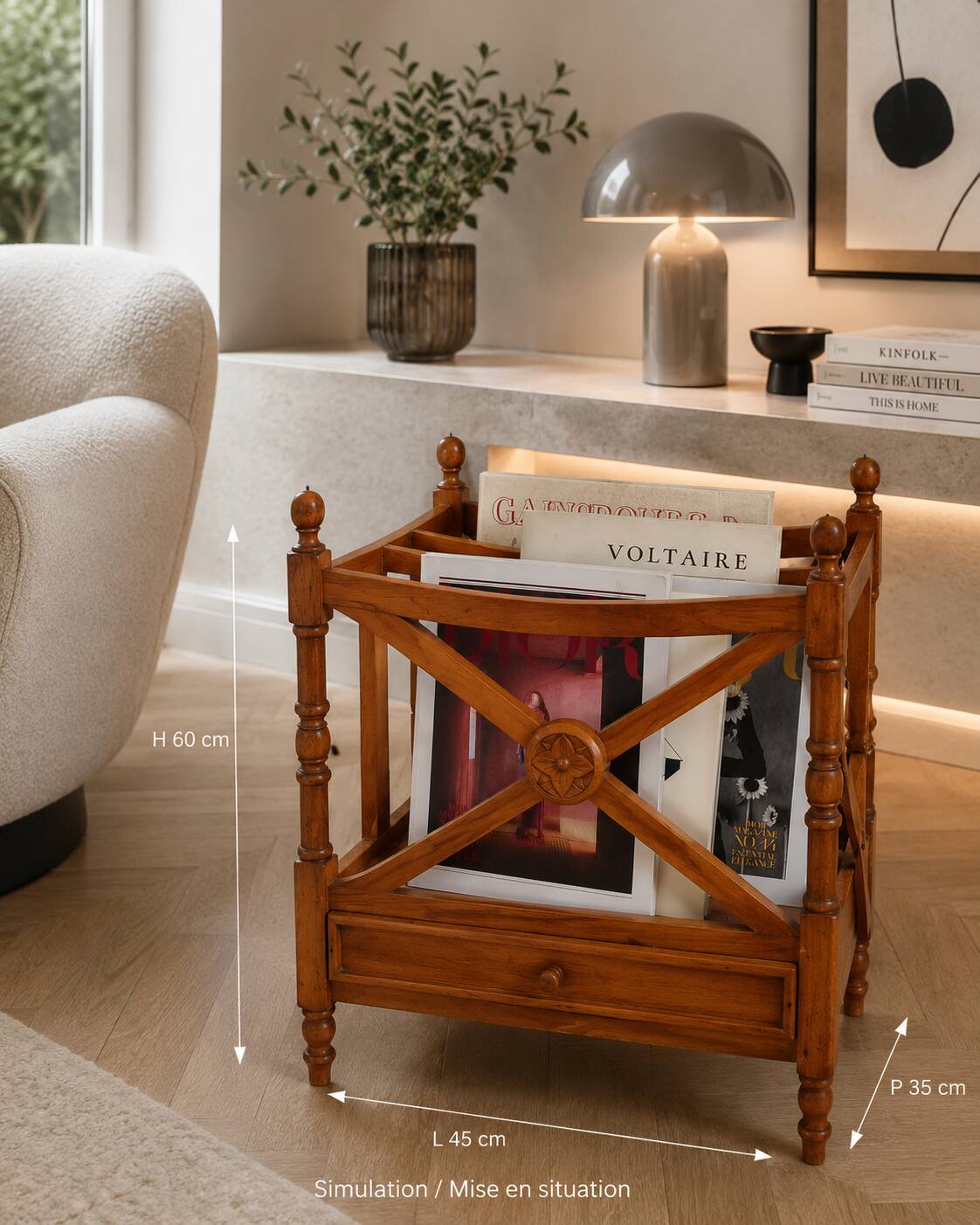 Vintage wooden magazine rack with drawer, English style, 60x45 cm.