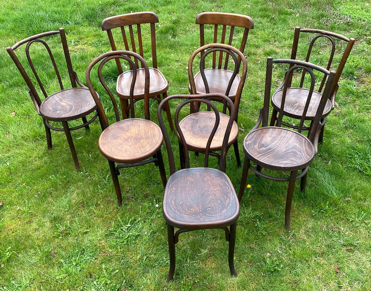 Set of 8 mismatched bistro chairs
