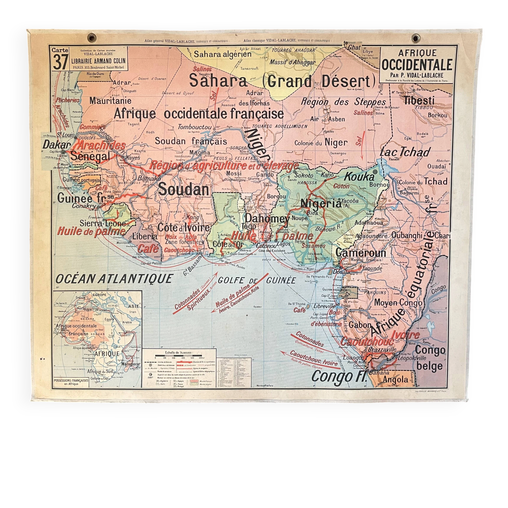 Old school map Vidal-Lablache 37, T36, 1930 West Africa