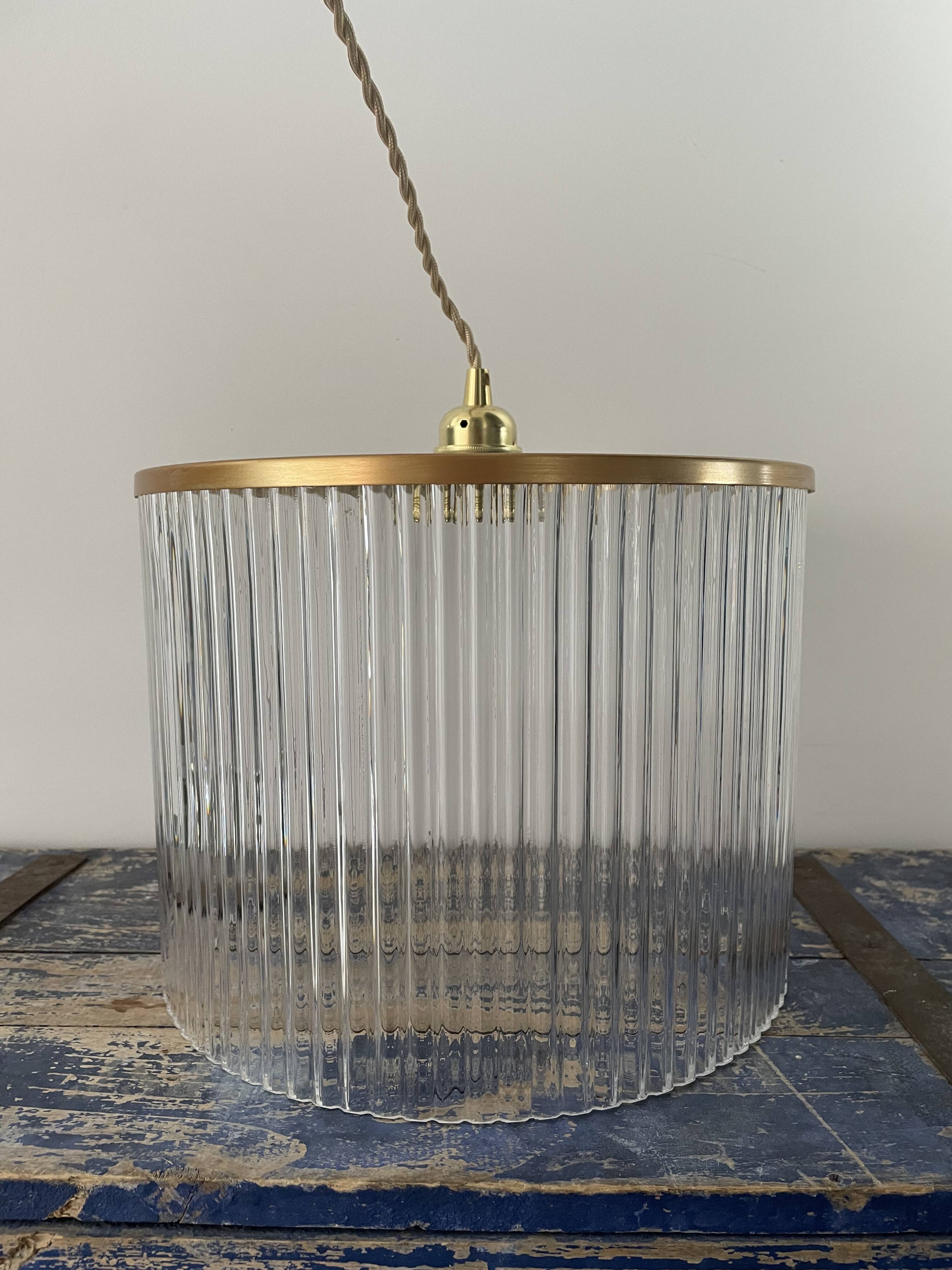 Vintage suspension lamp in electrified corrugated glass to nine