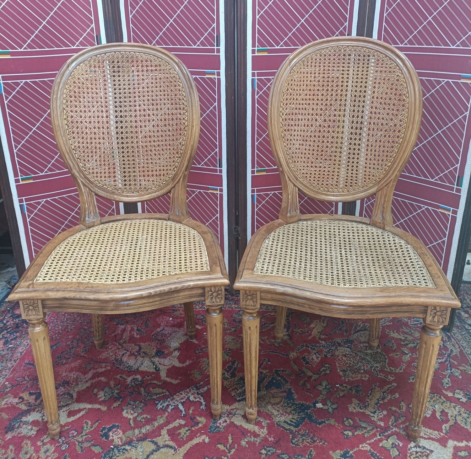 Louis XVI style medallion chairs, canned seat and back