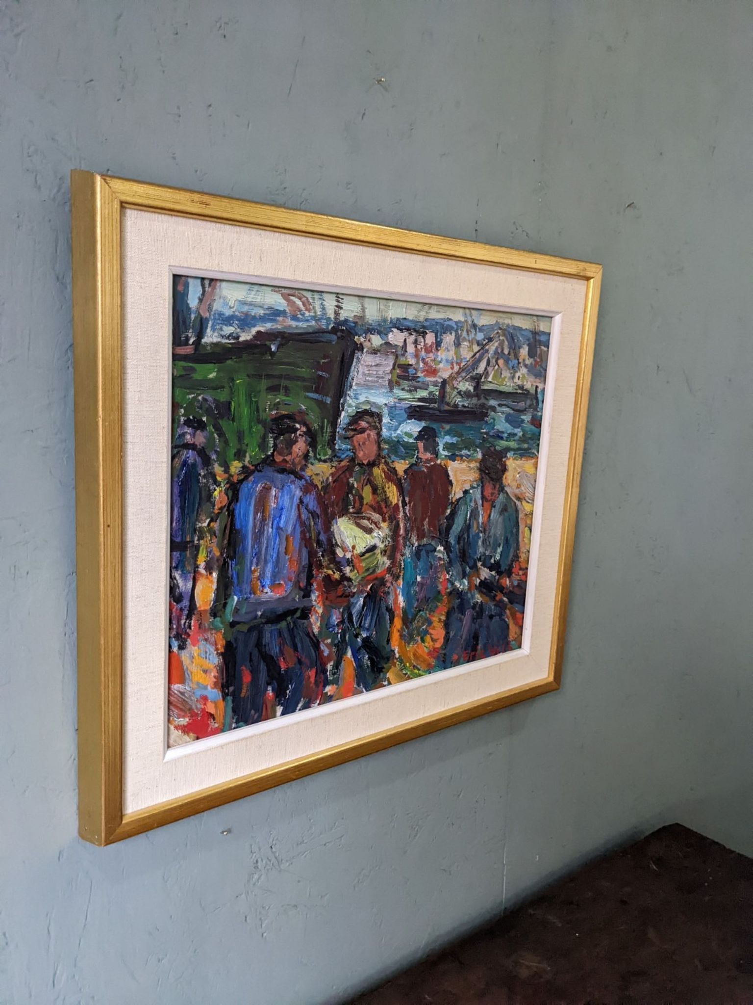 Peinture à l’huile figurative vintage suédoise « Coastal Dock » du milieu du siècle, encadrée