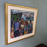 Peinture à l’huile figurative vintage suédoise « Coastal Dock » du milieu du siècle, encadrée