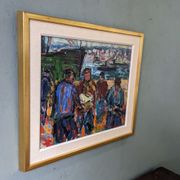 Peinture à l’huile figurative vintage suédoise « Coastal Dock » du milieu du siècle, encadrée
