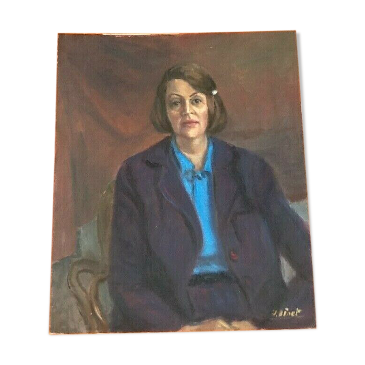 Painting painting on cardboard panel int-case J. Binet Portrait Woman