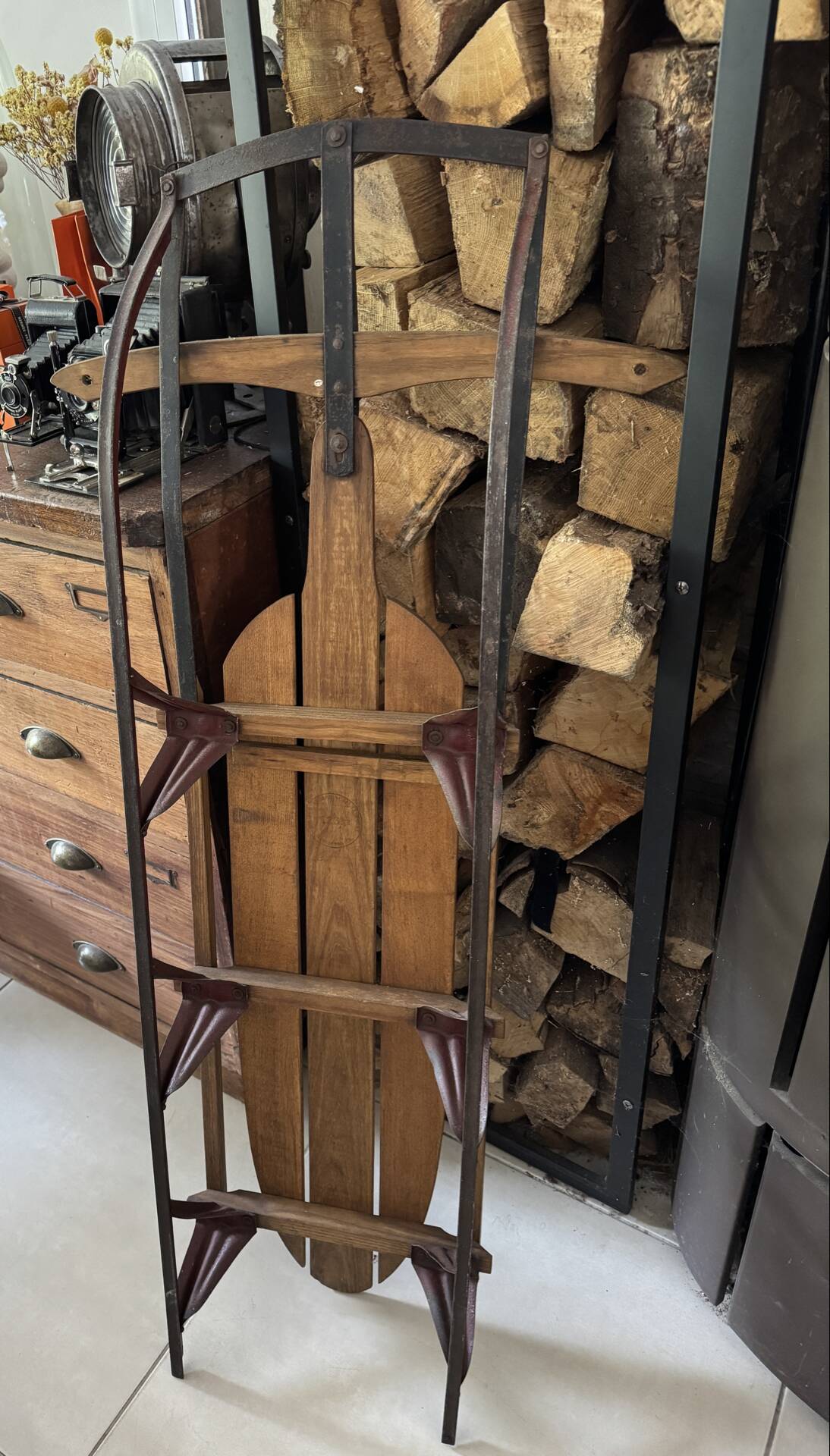 Vintage American sled in wood and metal - 1950s