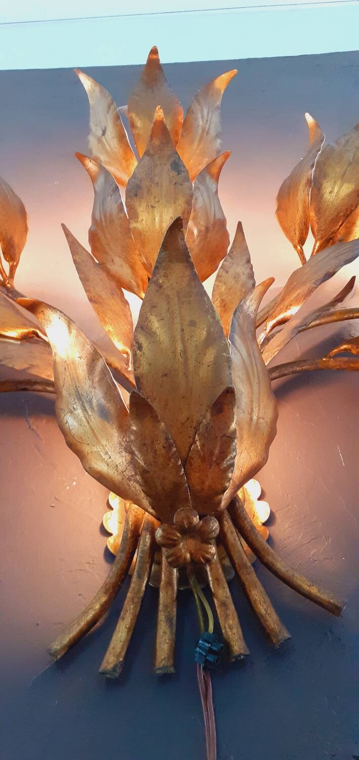 Monumental Vintage Wall Lamp with Golden Leaf Decor by Hans Kögl, 1960s