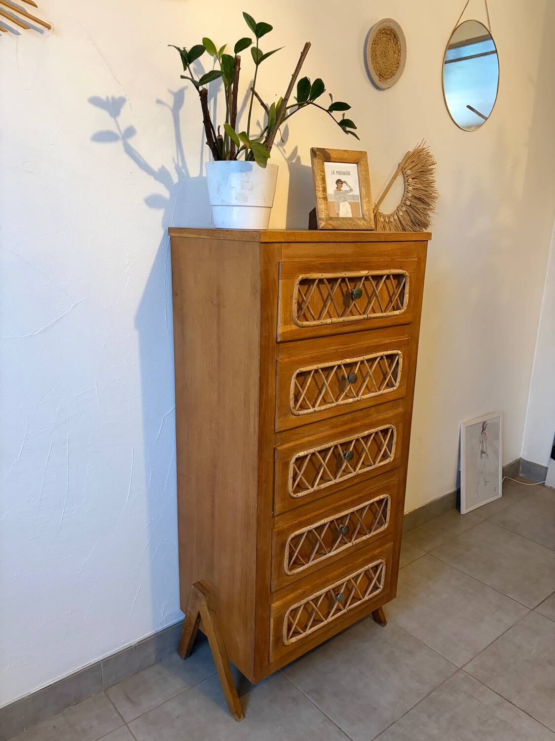 Vintage oak and rattan chest of drawers
