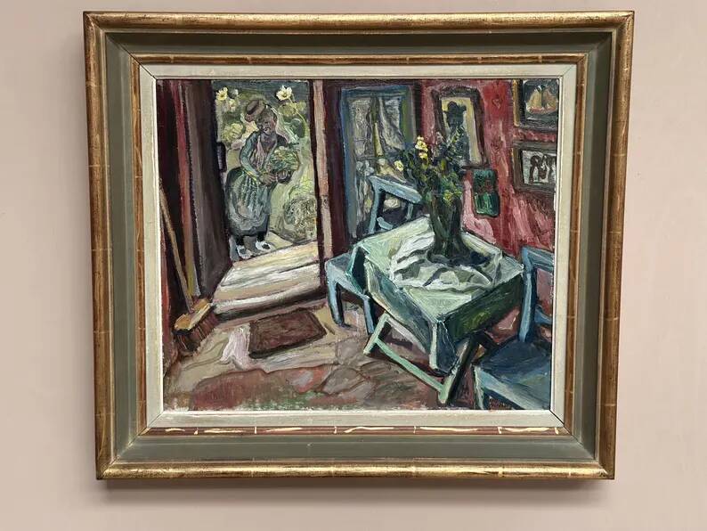 Oil on panel by Swedish artist – "Interior with figure" by Olle Nordberg (1905–1986) – 1944 – vintage and framed – 40×46 cm (15.7"×18.1")